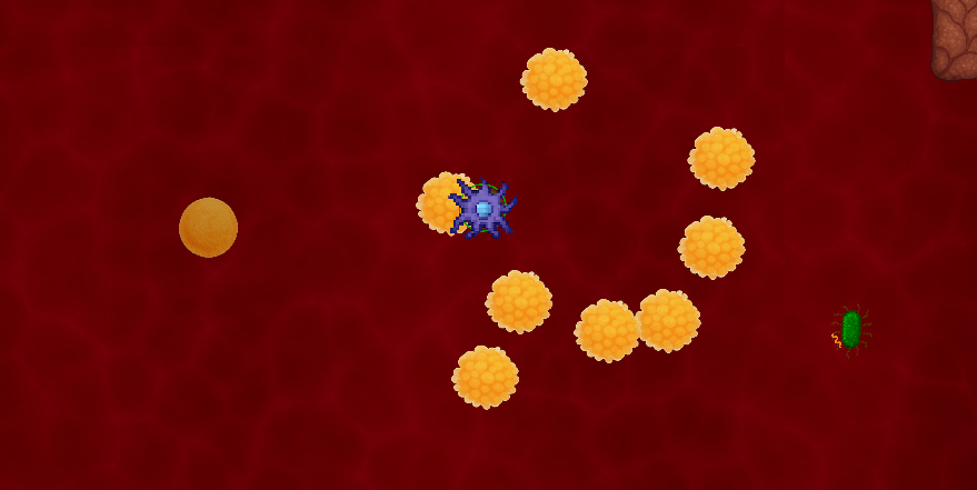 A dendritic cell collecting from clusters of nutrients, with a single bacterium approaching from the right.